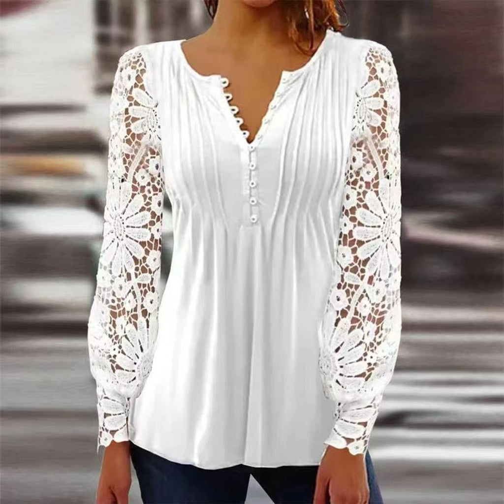Women's Relaxed-Fit Floral Long-Sleeve Henley Blouse - White