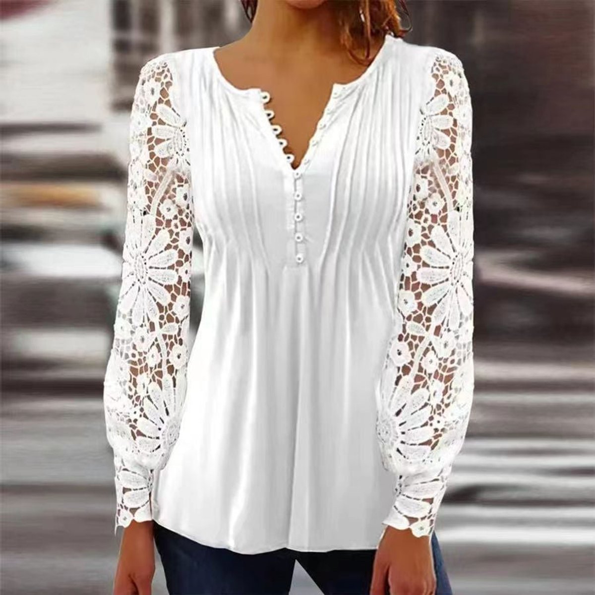 Women's Relaxed-Fit Floral Long-Sleeve Henley Blouse - White