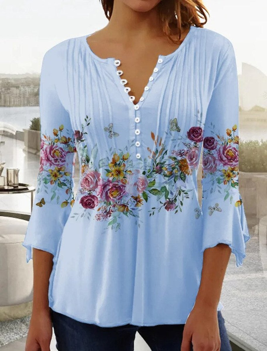 Women's Relaxed-Fit Floral Long-Sleeve Henley Blouse - Light Blue