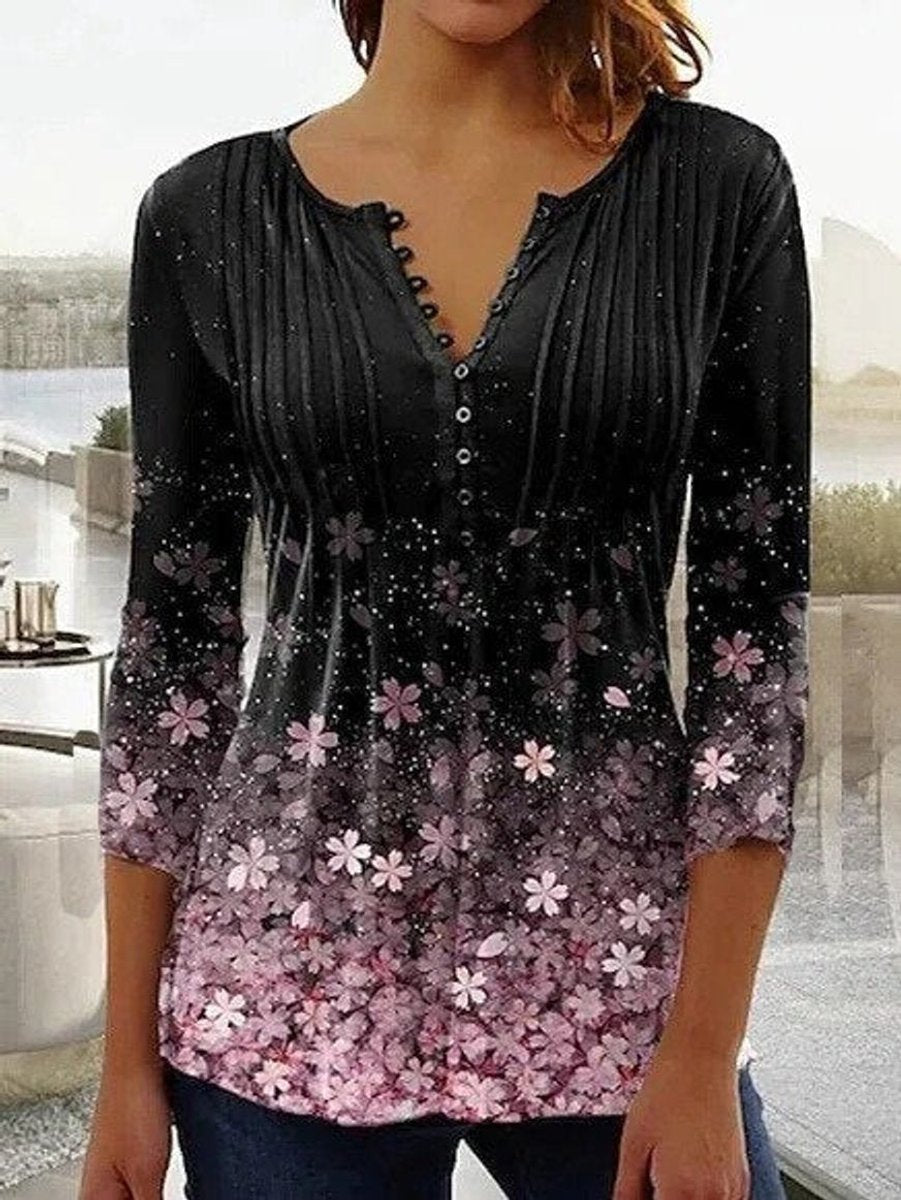 Women's Relaxed-Fit Floral Long-Sleeve Henley Blouse - Black