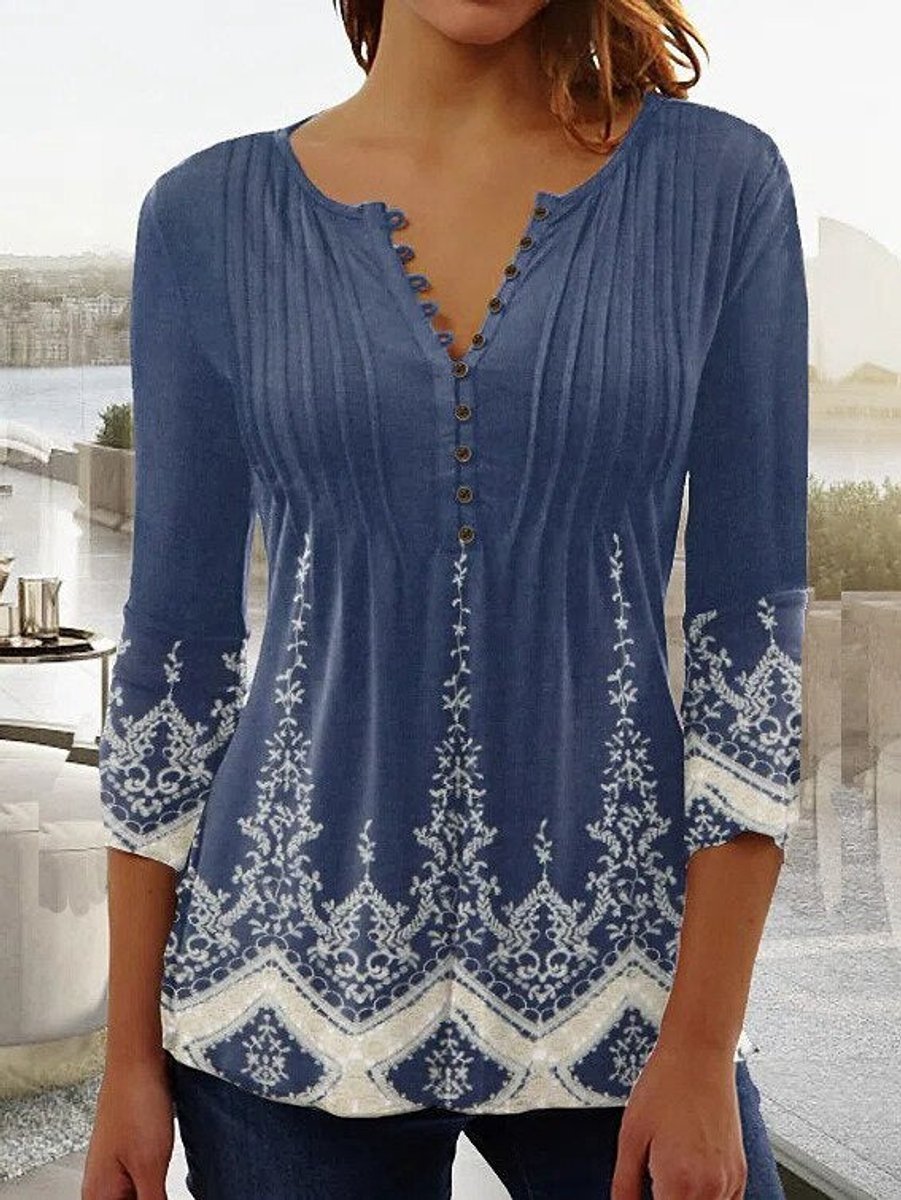 Women's Relaxed-Fit Floral Long-Sleeve Henley Blouse - Blue