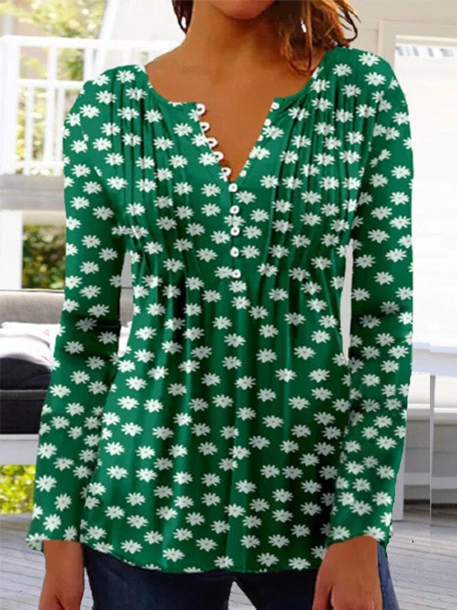 Women's Relaxed-Fit Floral Long-Sleeve Henley Blouse - Dark Green