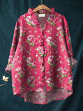 Women's Relaxed-Fit Floral Ruffle Linen Blouse