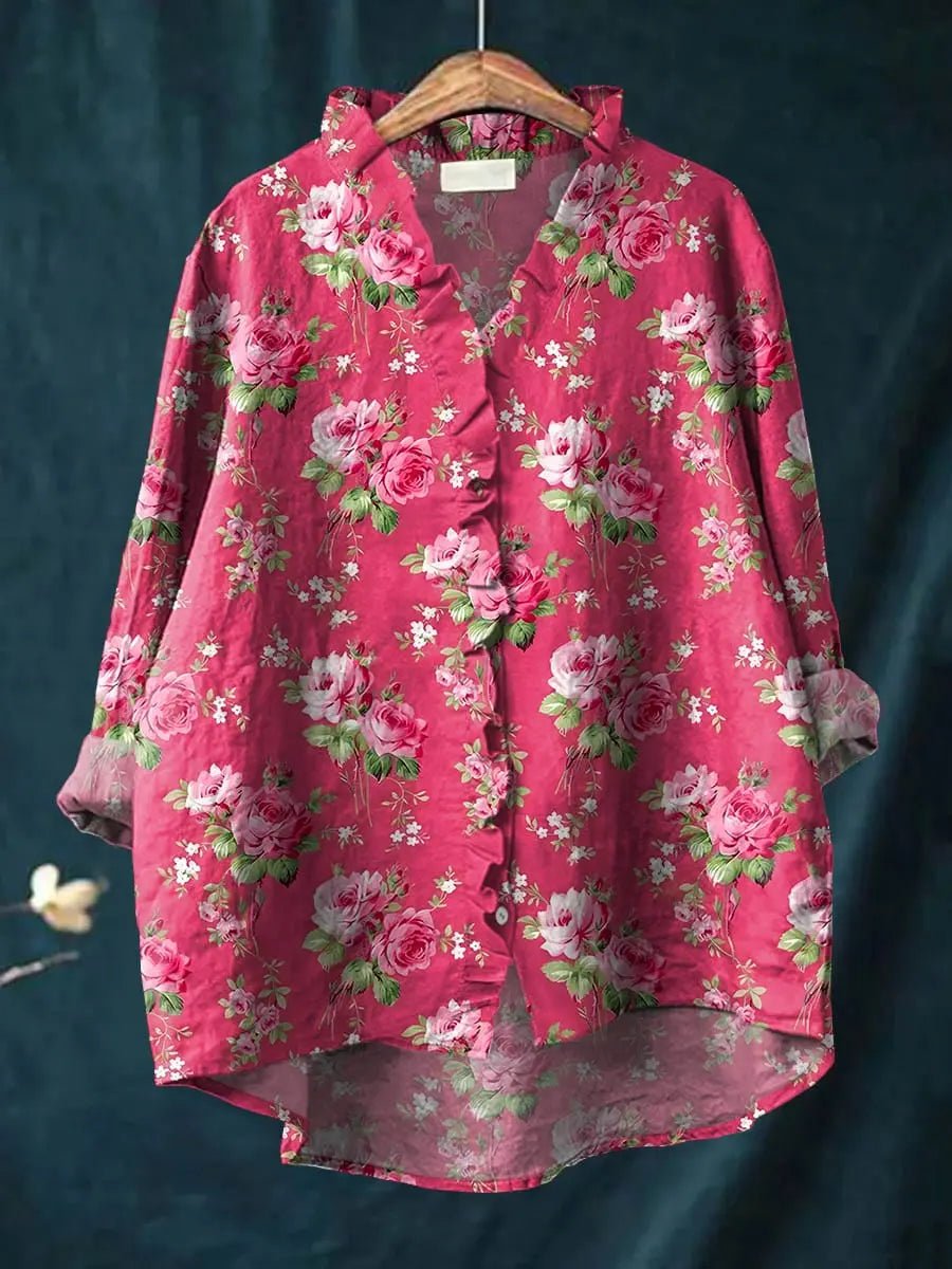 Women's Relaxed-Fit Floral Ruffle Linen Blouse