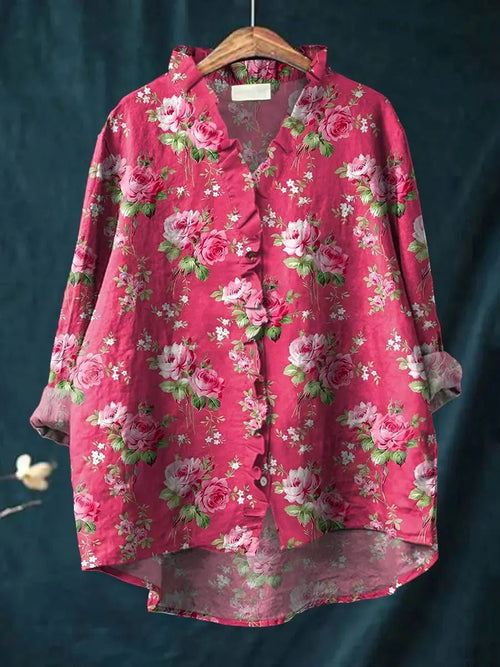 Women's Relaxed-Fit Floral Ruffle Linen Blouse
