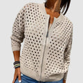 Women's Relaxed-Fit Hollow-Knit Zip-Up Cardigan Sweater - Beige