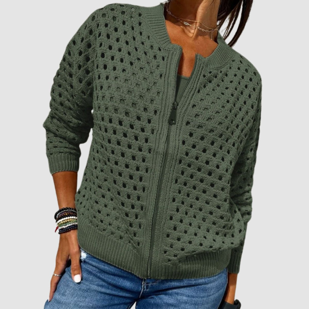 Women's Relaxed-Fit Hollow-Knit Zip-Up Cardigan Sweater - Green