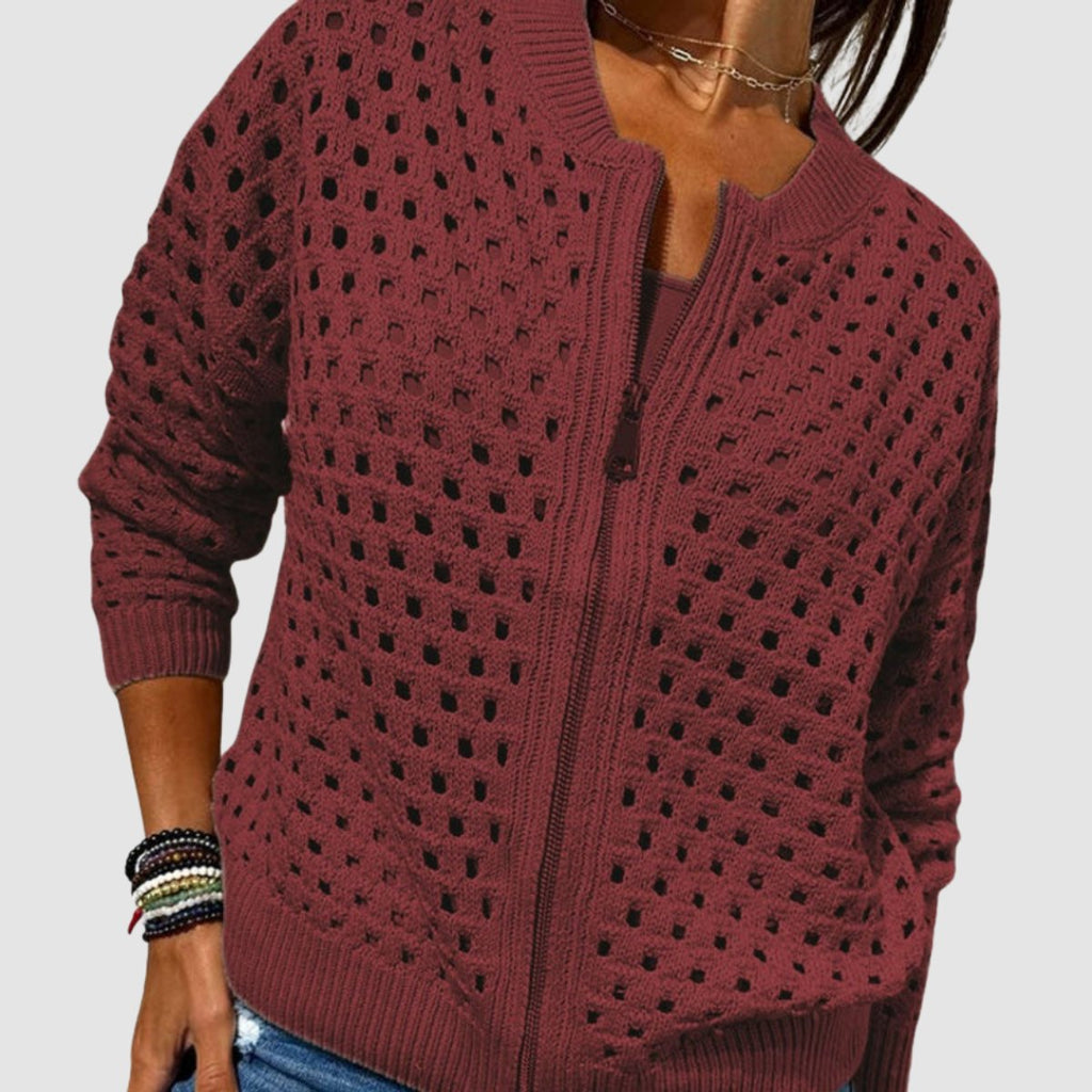 Women's Relaxed-Fit Hollow-Knit Zip-Up Cardigan Sweater - Burgundy