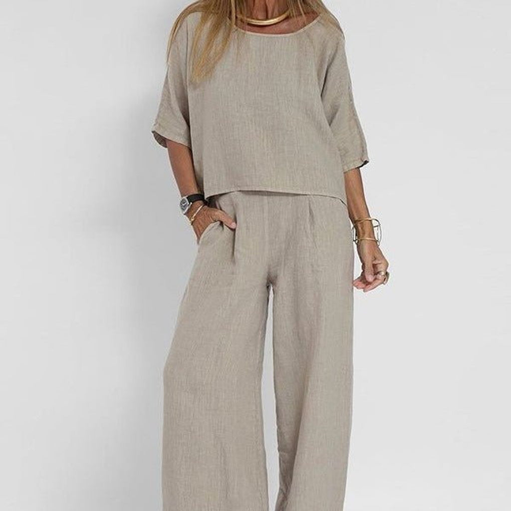 Women's Relaxed-Fit Linen Blouse Wide-Leg Two-Piece Set - Light Gray