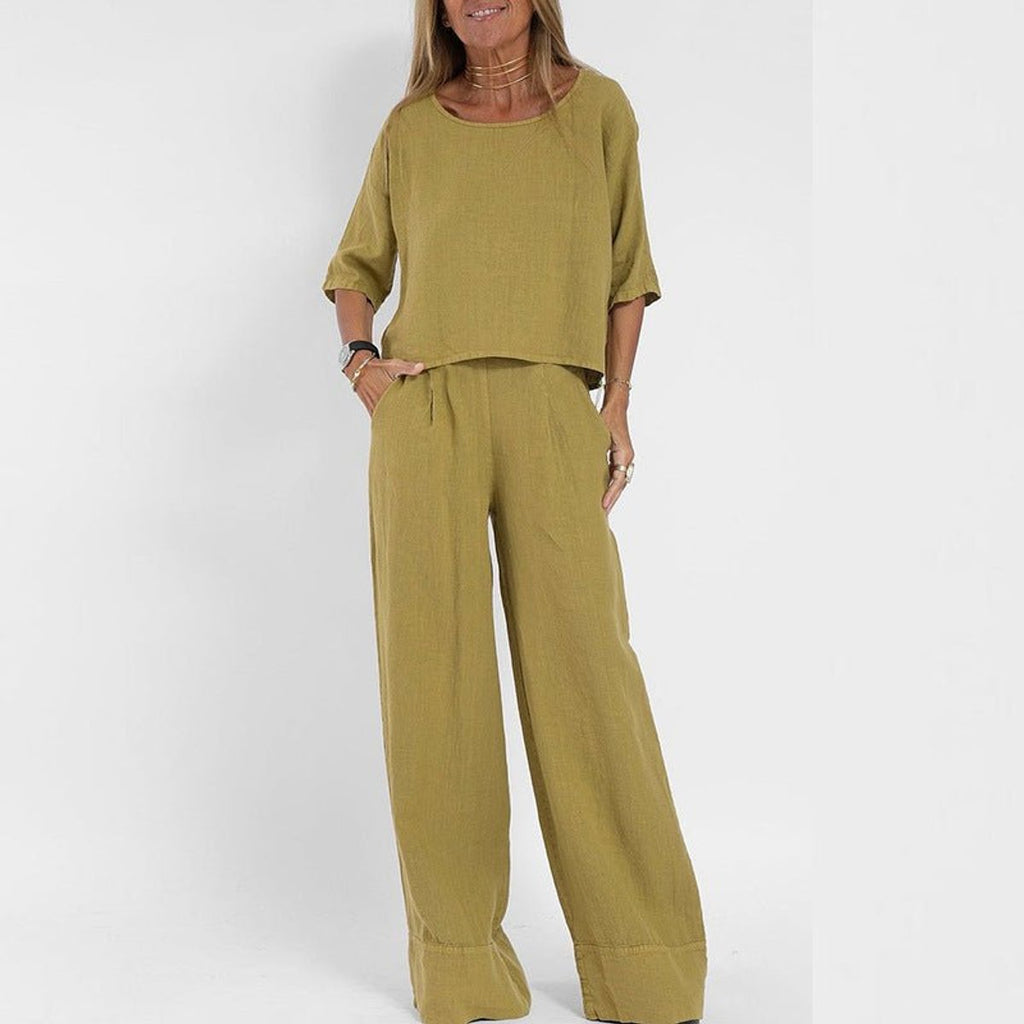 Women's Relaxed-Fit Linen Blouse Wide-Leg Two-Piece Set - Yellow