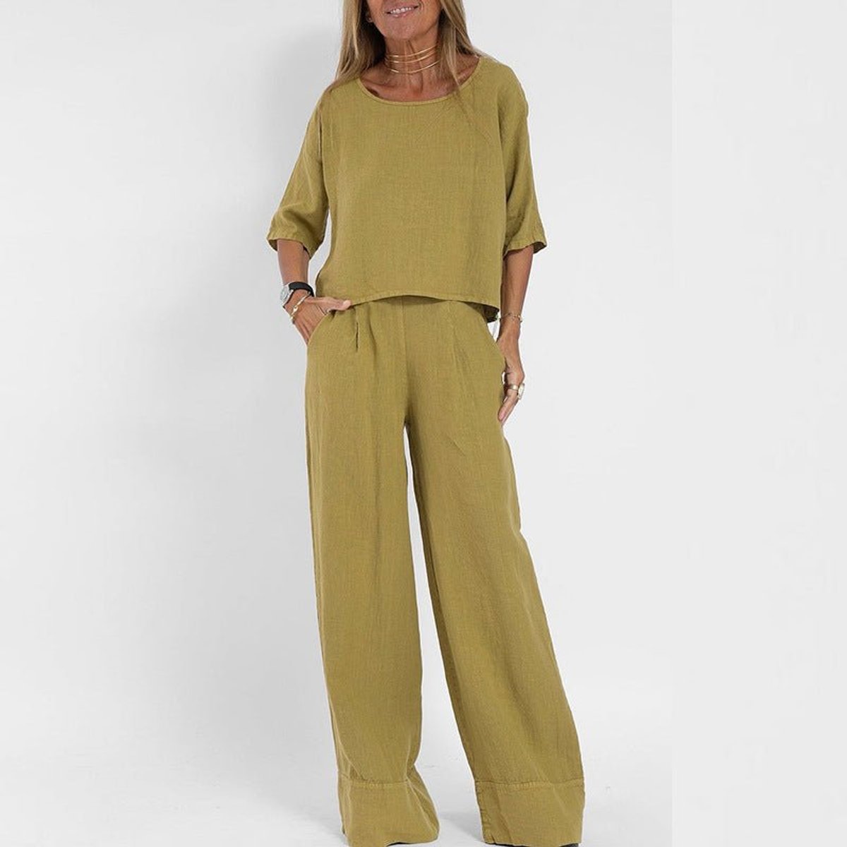 Women's Relaxed-Fit Linen Blouse Wide-Leg Two-Piece Set - Yellow