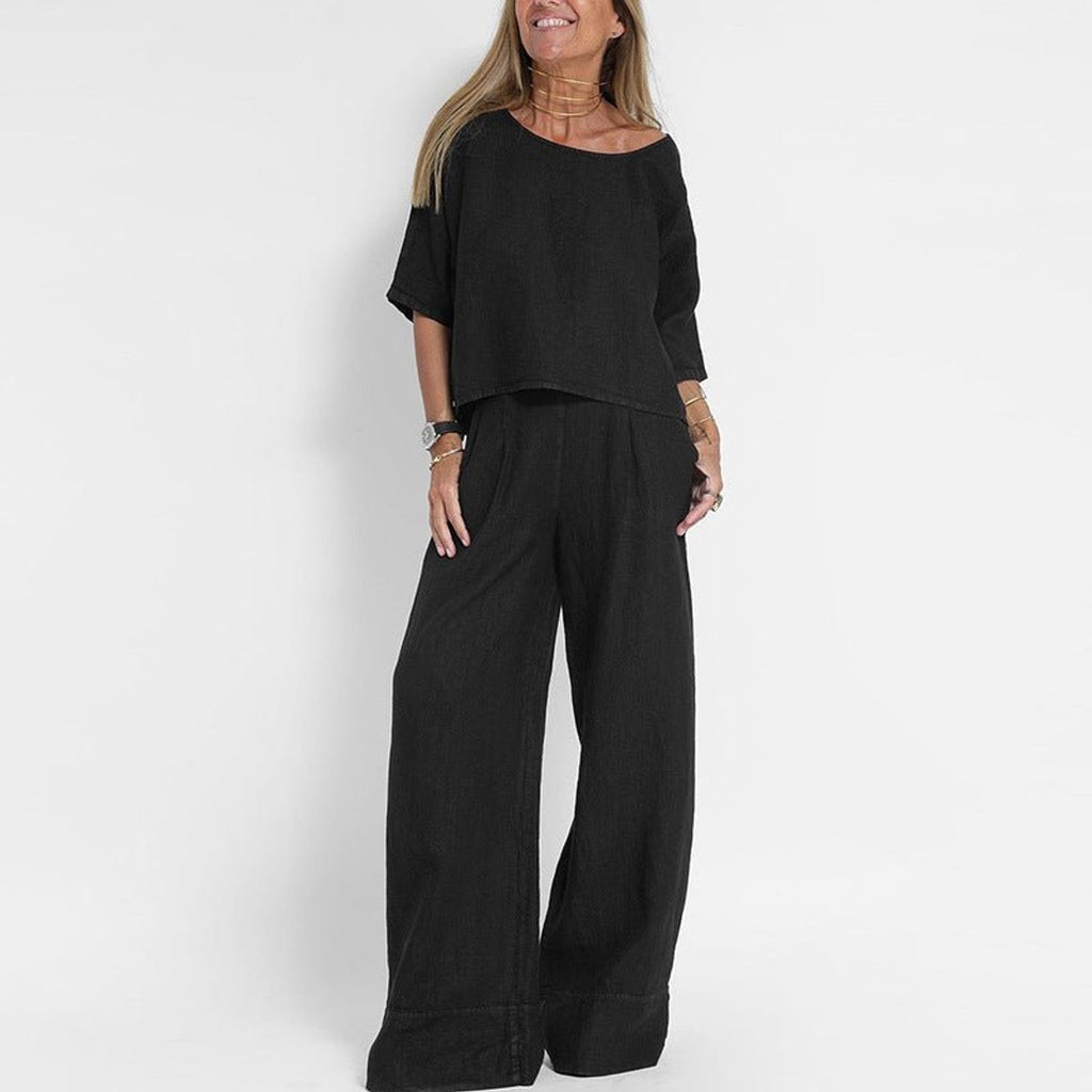 Women's Relaxed-Fit Linen Blouse Wide-Leg Two-Piece Set - Black