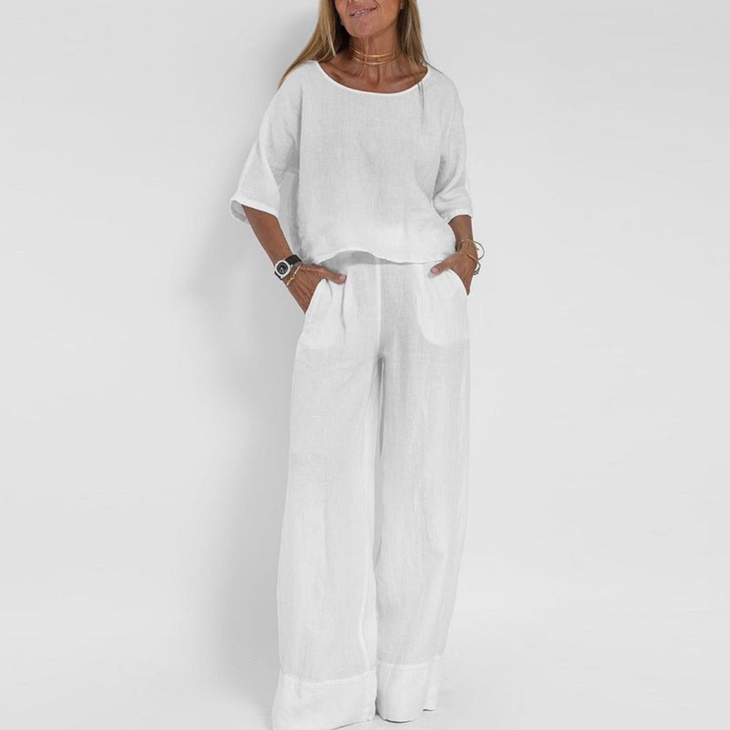 Women's Relaxed-Fit Linen Blouse Wide-Leg Two-Piece Set - White