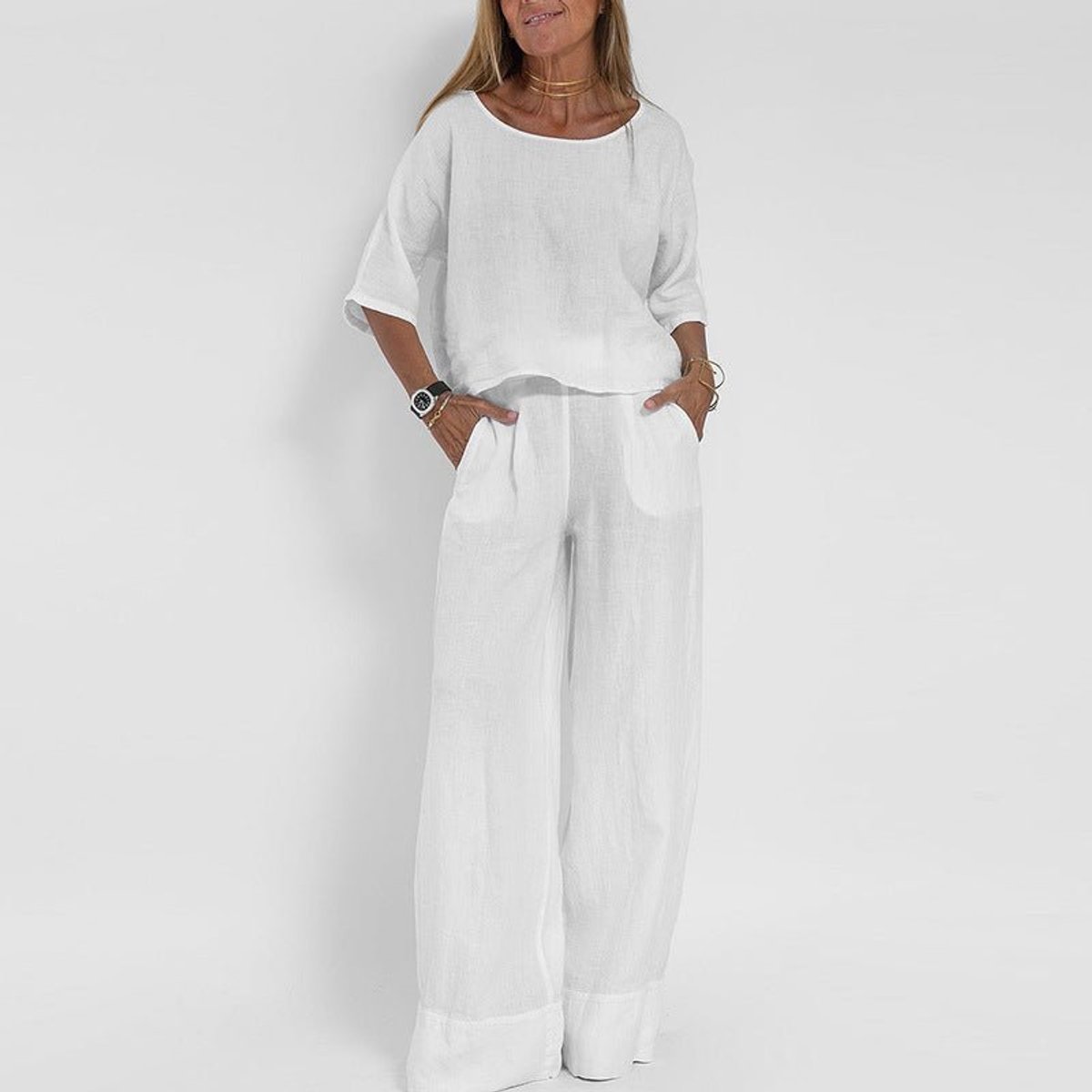 Women's Relaxed-Fit Linen Blouse Wide-Leg Two-Piece Set - White