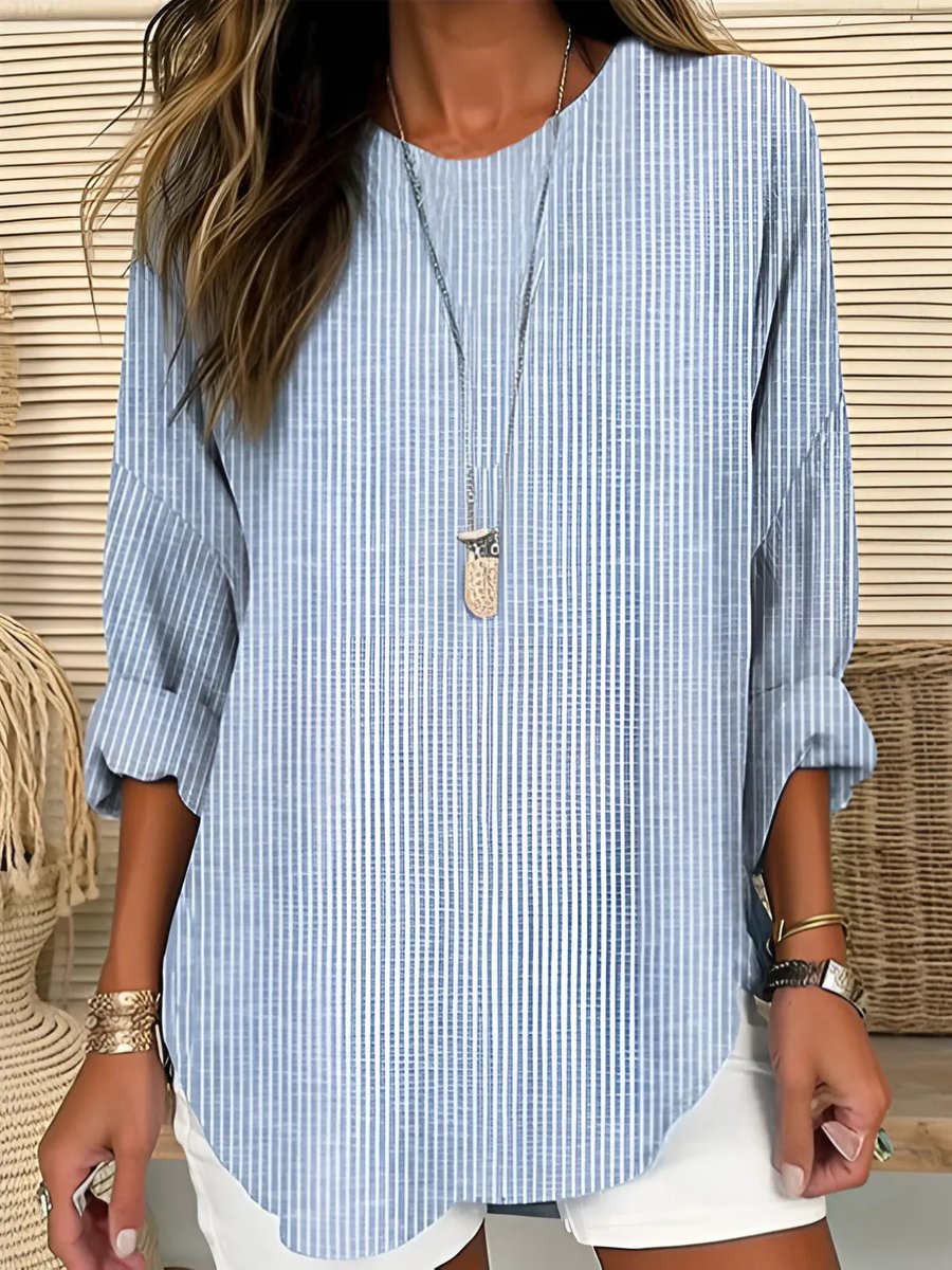 Women's Relaxed-Fit Long-Sleeve Striped Crew Neck Blouse - Blue