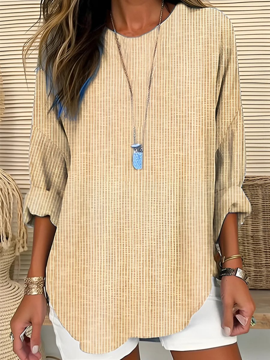 Women's Relaxed-Fit Long-Sleeve Striped Crew Neck Blouse - Khaki
