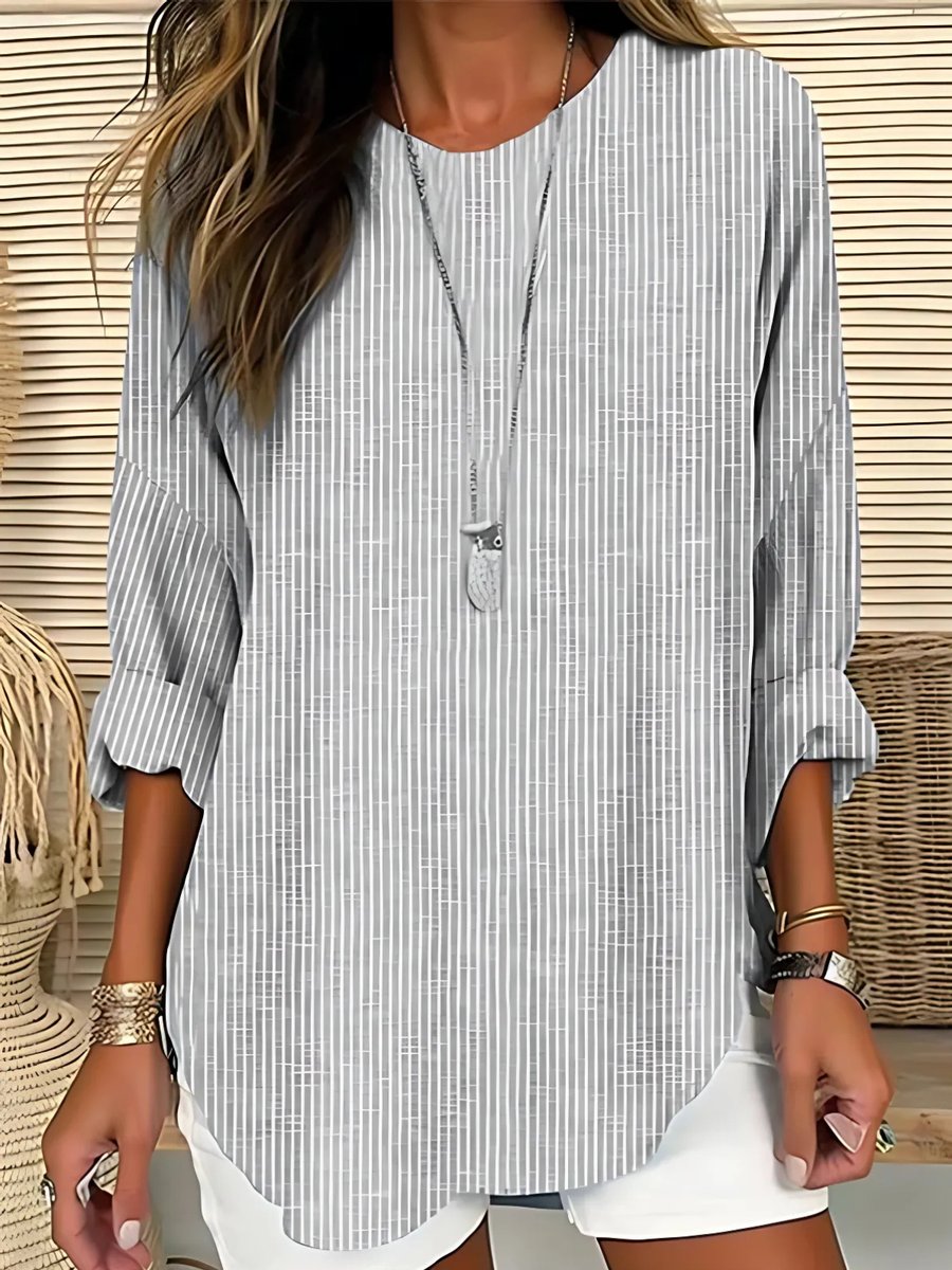 Women's Relaxed-Fit Long-Sleeve Striped Crew Neck Blouse - Gray
