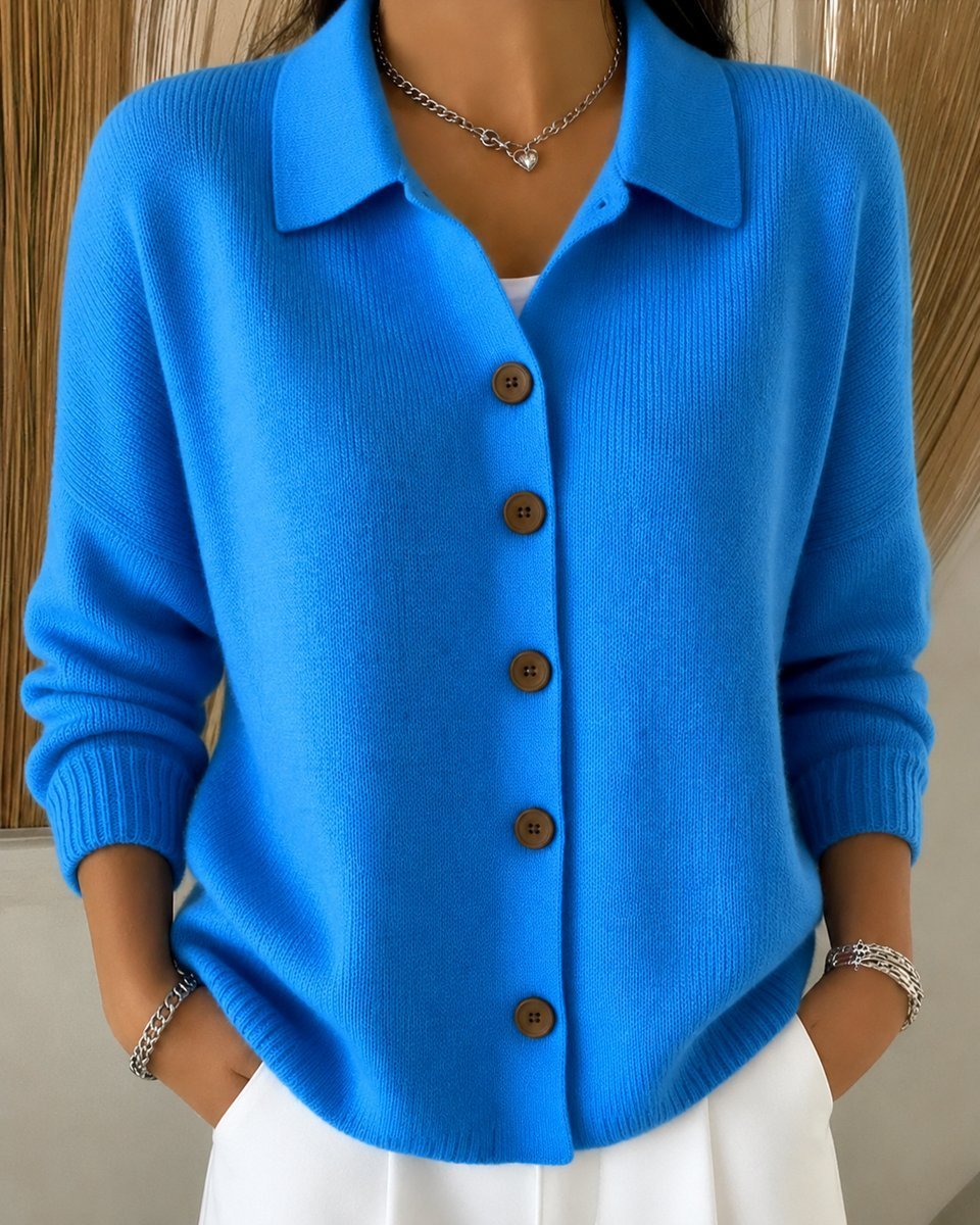 Women's Relaxed-Fit Polo Collar Button-Up Knit Cardigan - Blue