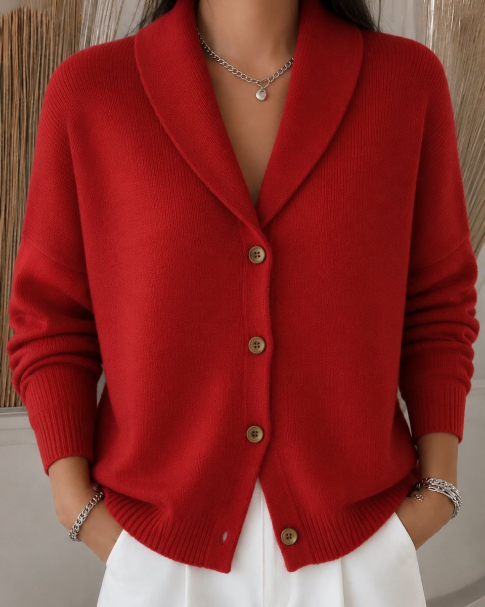Women's Relaxed-Fit Polo Collar Button-Up Knit Cardigan - Red