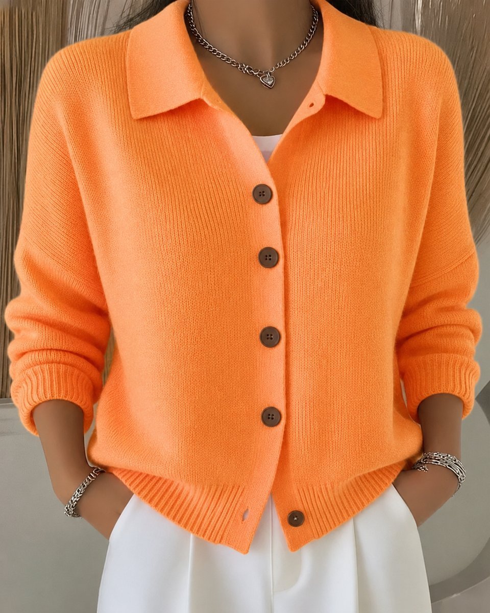 Women's Relaxed-Fit Polo Collar Button-Up Knit Cardigan - Orange