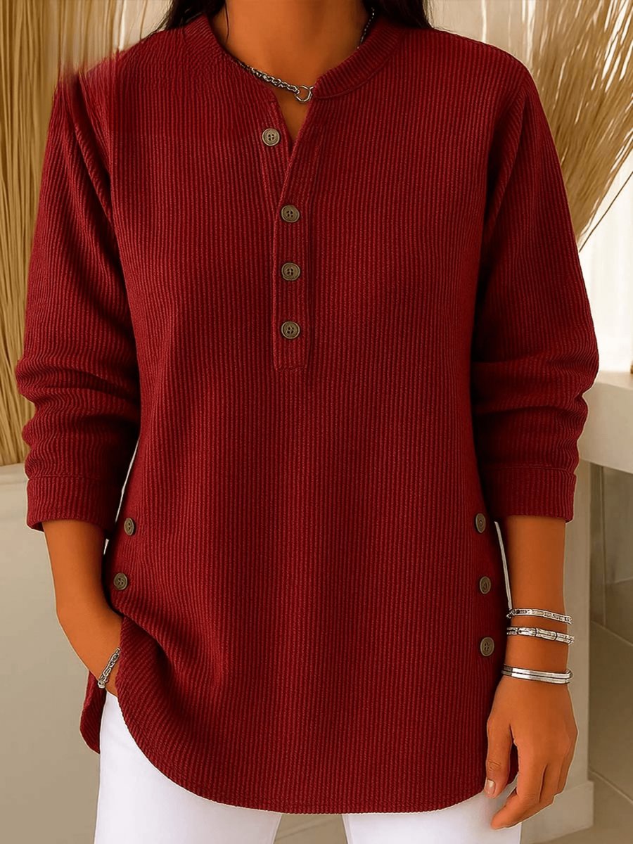 Women's Relaxed-Fit Ribbed Henley Longline Tunic Top - Burgundy