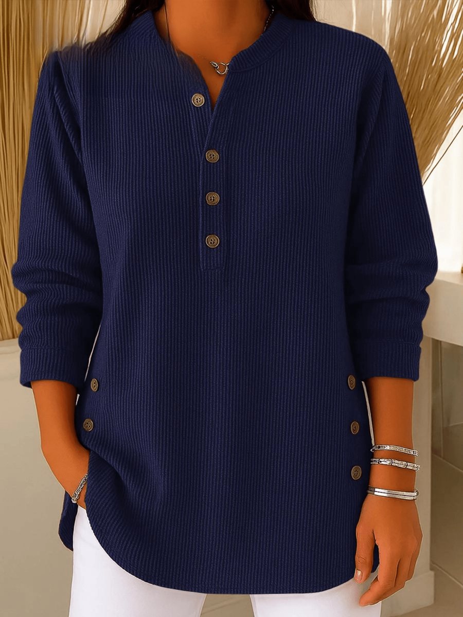 Women's Relaxed-Fit Ribbed Henley Longline Tunic Top - Navy Blue