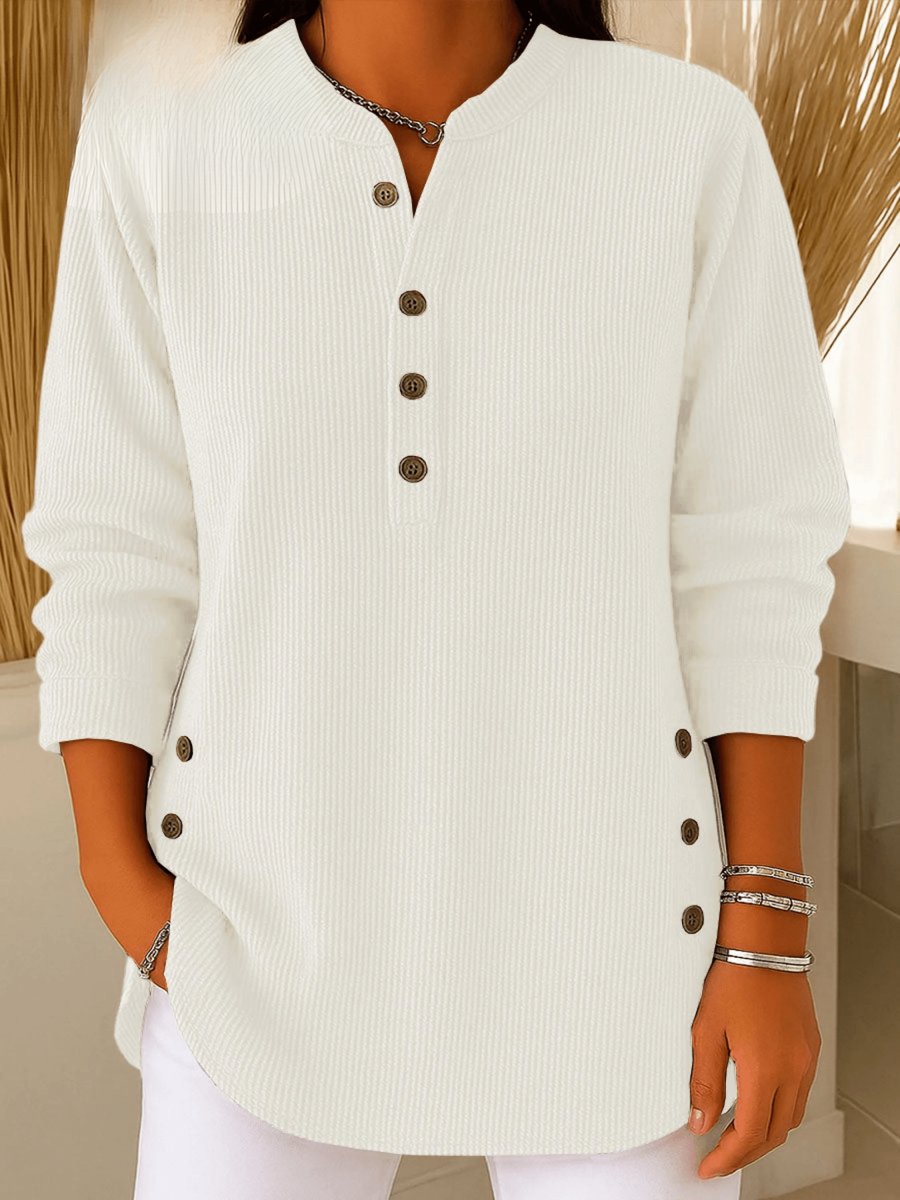 Women's Relaxed-Fit Ribbed Henley Longline Tunic Top - White