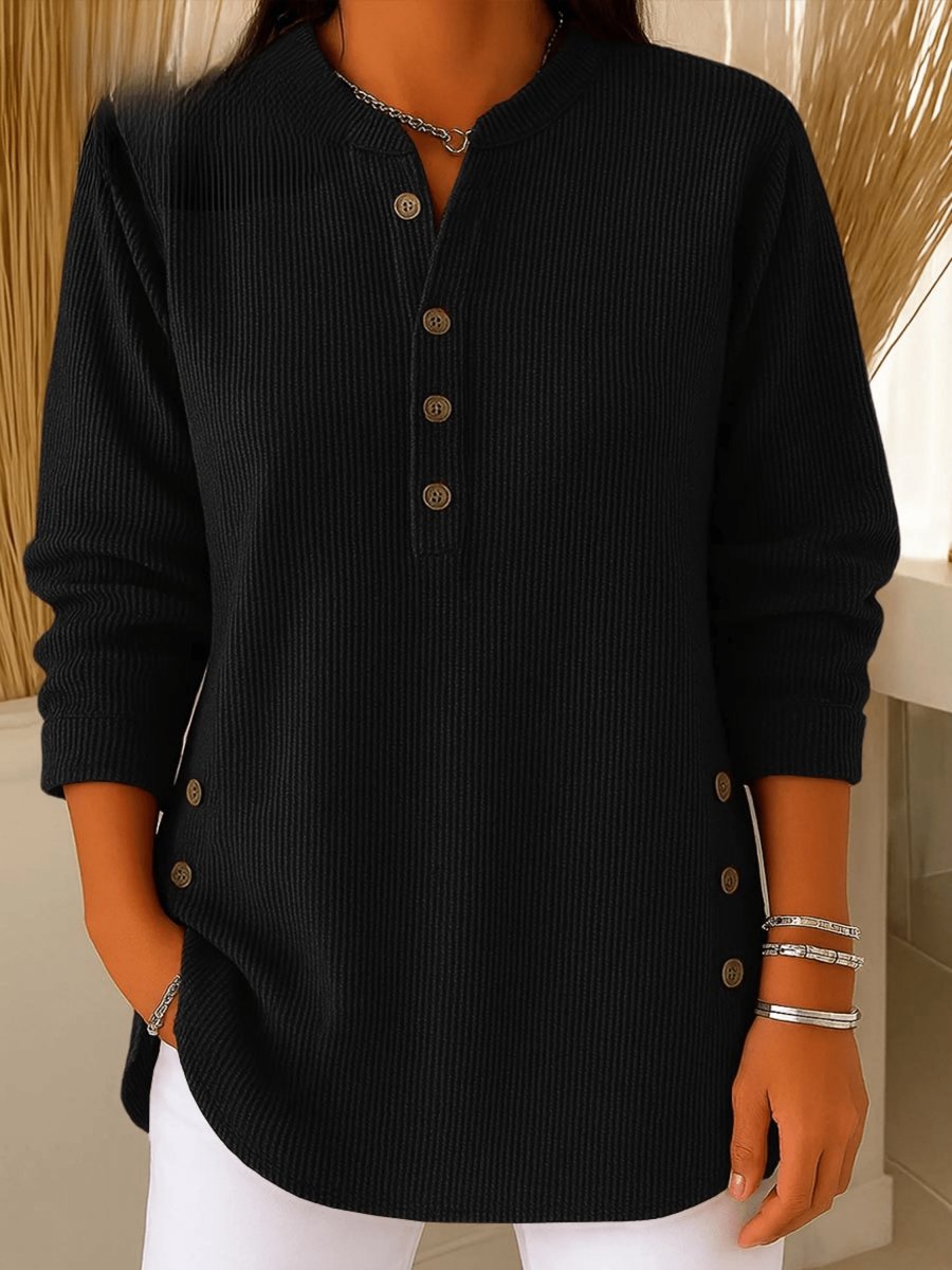 Women's Relaxed-Fit Ribbed Henley Longline Tunic Top - Black