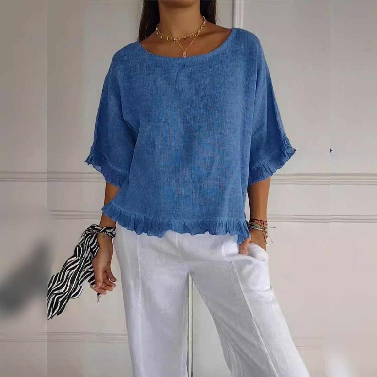 Women's Relaxed-Fit Ruffle-Hem Half-Sleeve Linen Blouse - Blue