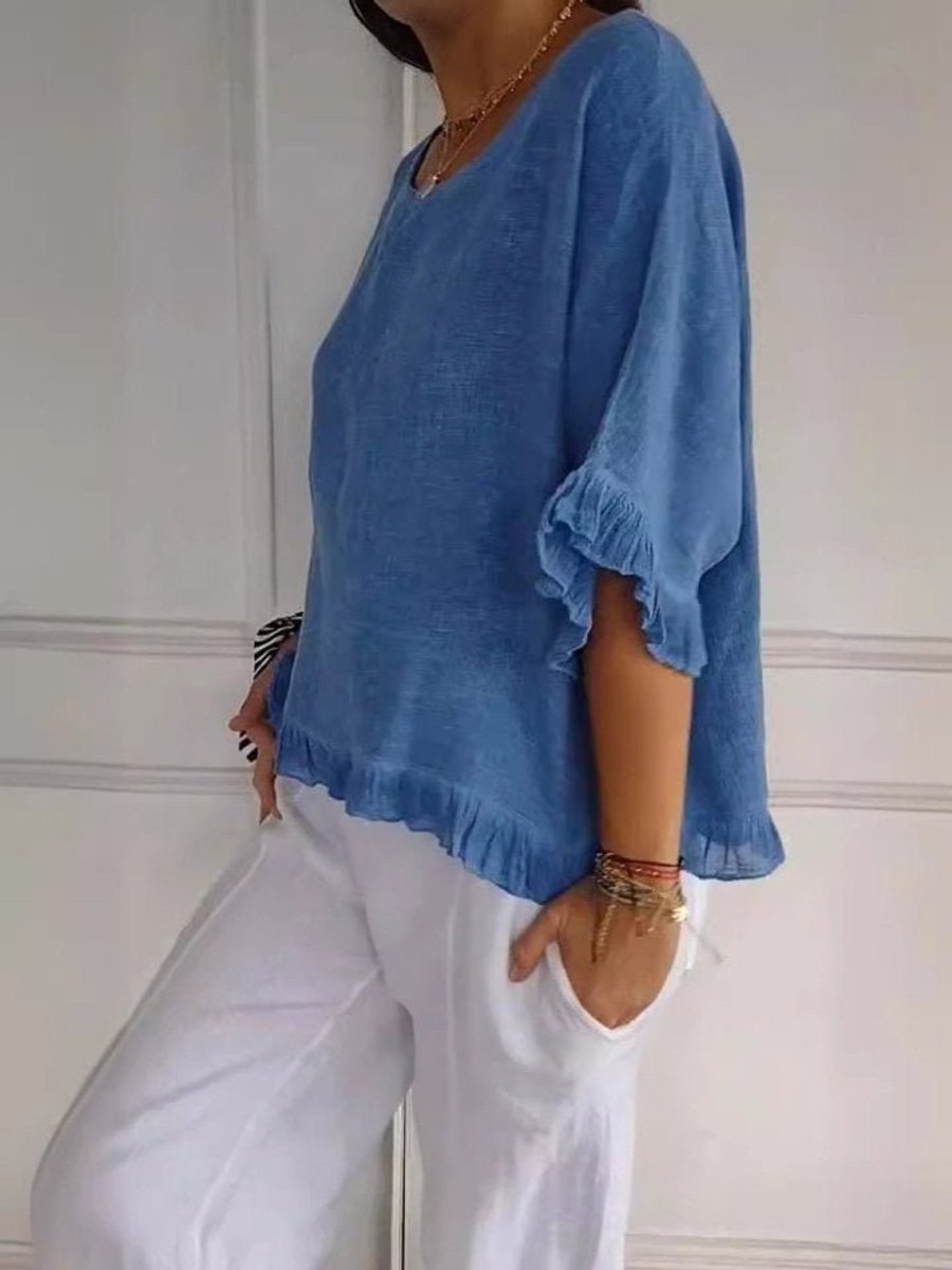 Women's Relaxed-Fit Ruffle-Hem Half-Sleeve Linen Blouse
