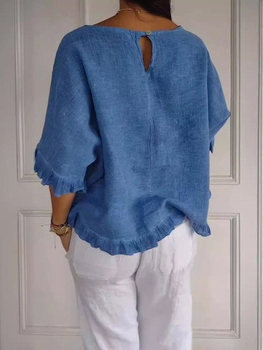 Women's Relaxed-Fit Ruffle-Hem Half-Sleeve Linen Blouse