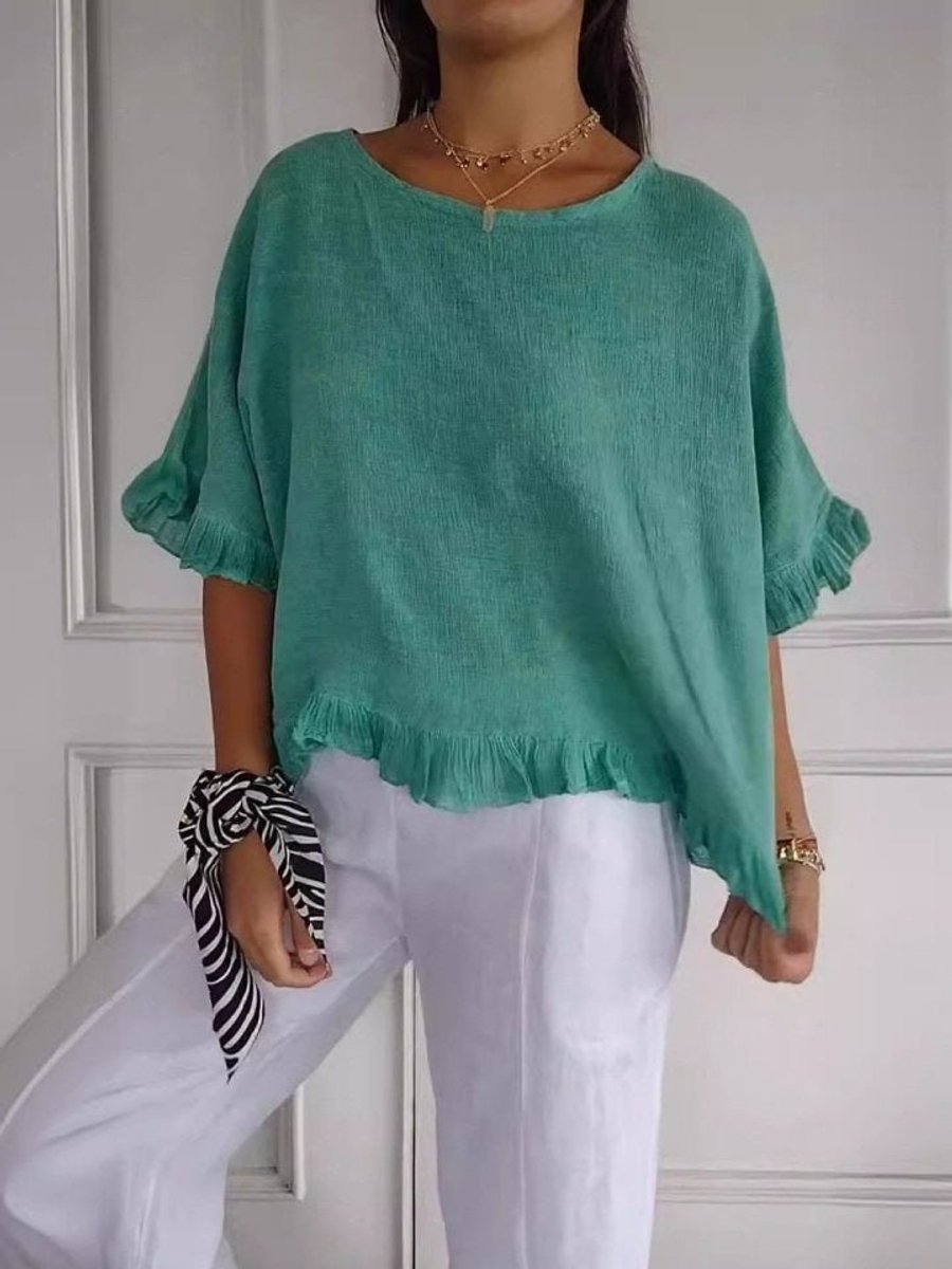Women's Relaxed-Fit Ruffle-Hem Half-Sleeve Linen Blouse - Green
