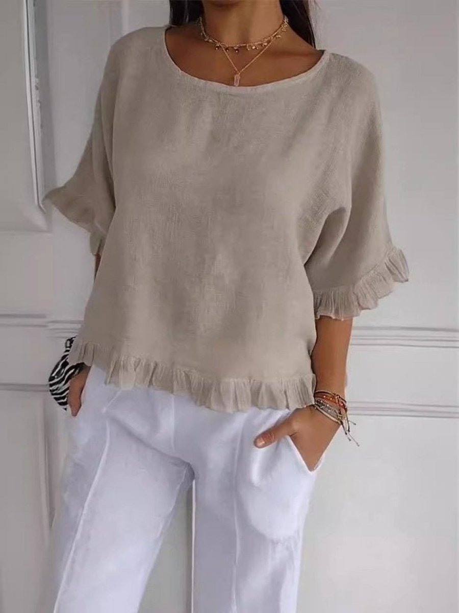 Women's Relaxed-Fit Ruffle-Hem Half-Sleeve Linen Blouse - Beige
