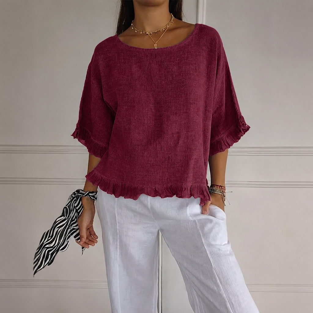 Women's Relaxed-Fit Ruffle-Hem Half-Sleeve Linen Blouse - Red