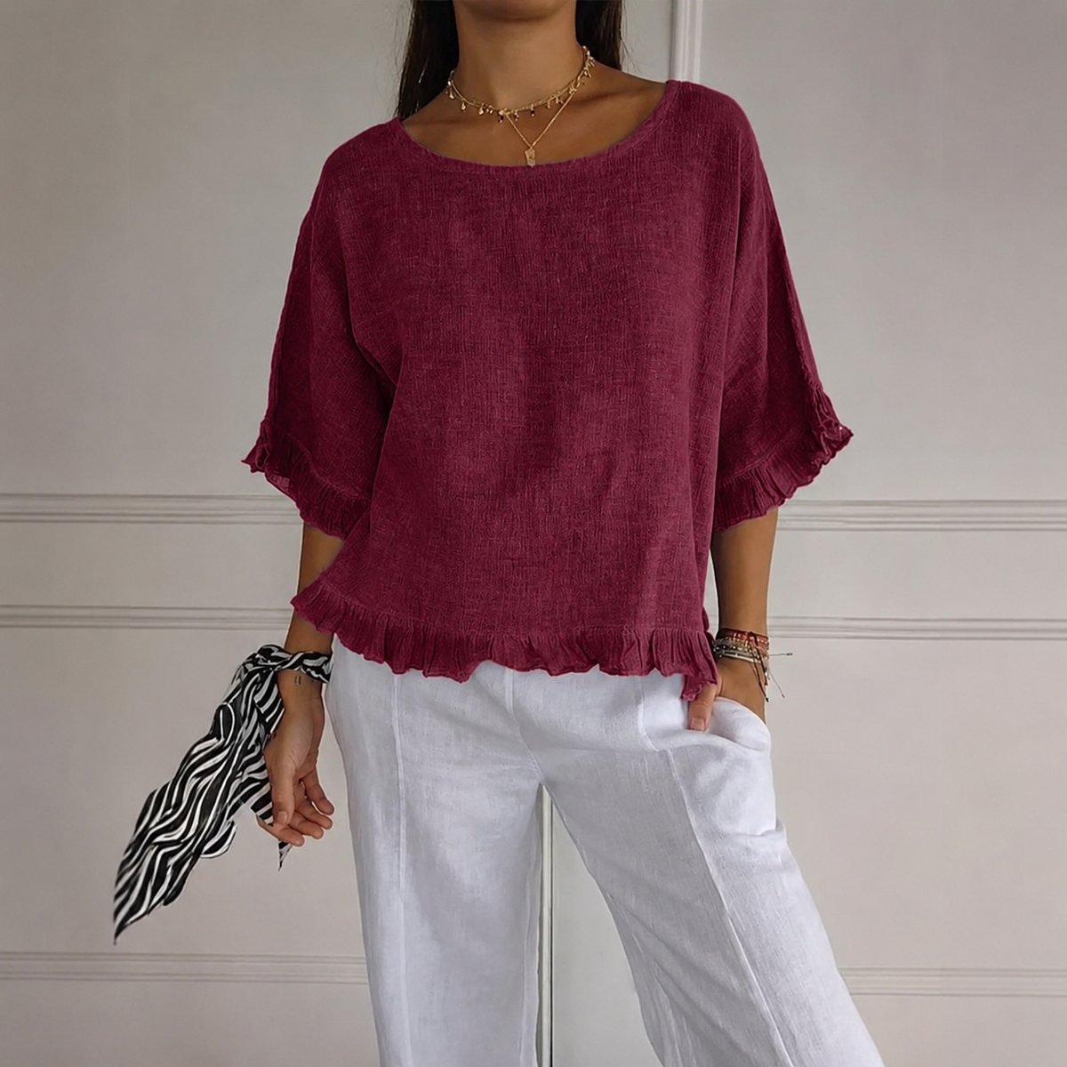 Women's Relaxed-Fit Ruffle-Hem Half-Sleeve Linen Blouse - Red