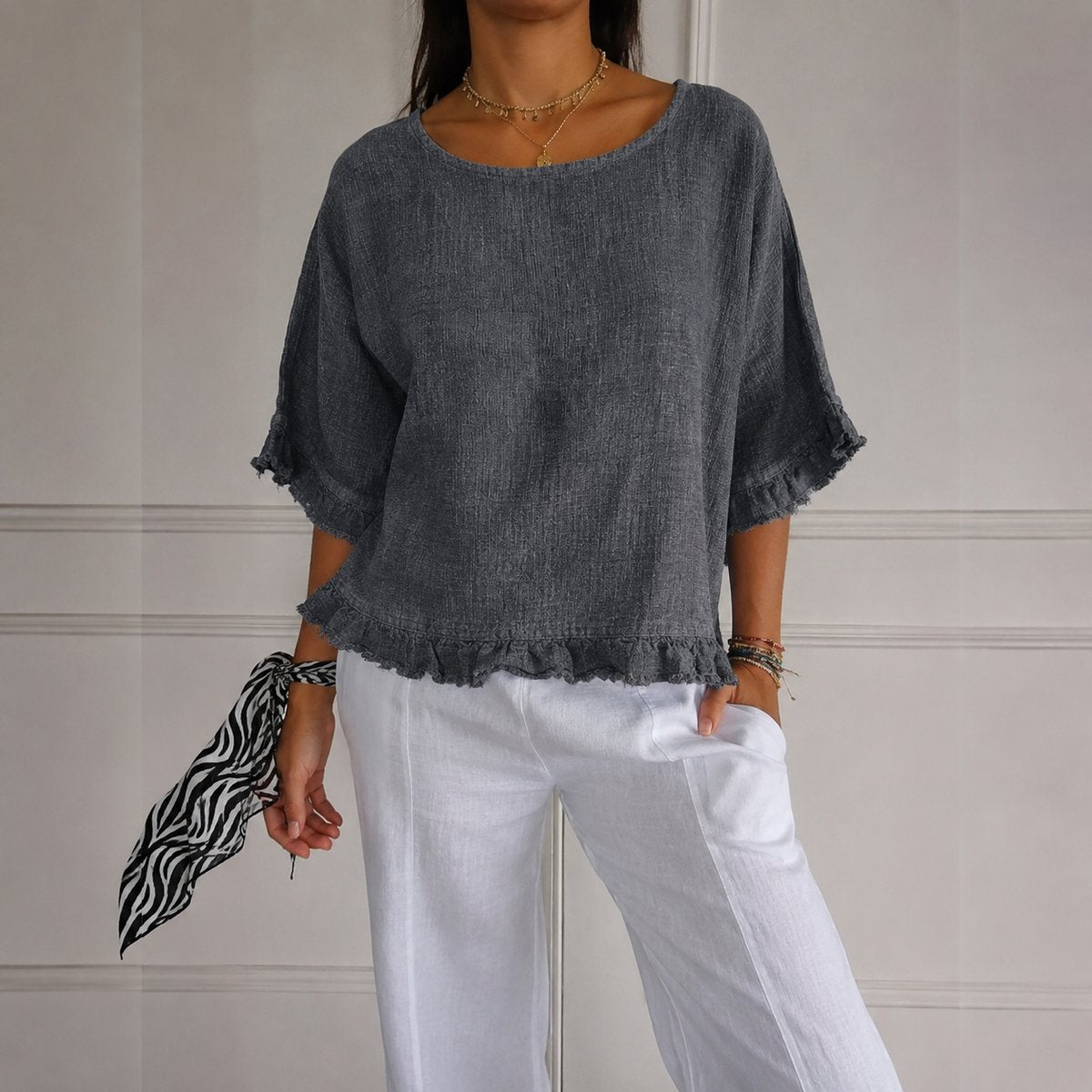 Women's Relaxed-Fit Ruffle-Hem Half-Sleeve Linen Blouse - Grey