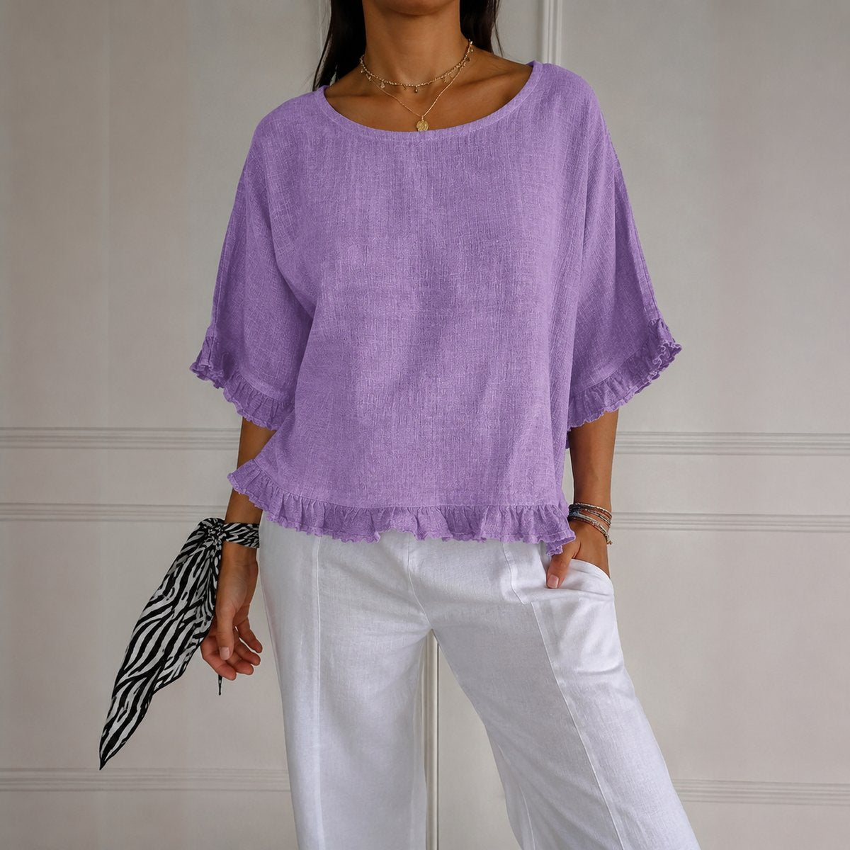 Women's Relaxed-Fit Ruffle-Hem Half-Sleeve Linen Blouse - Purple
