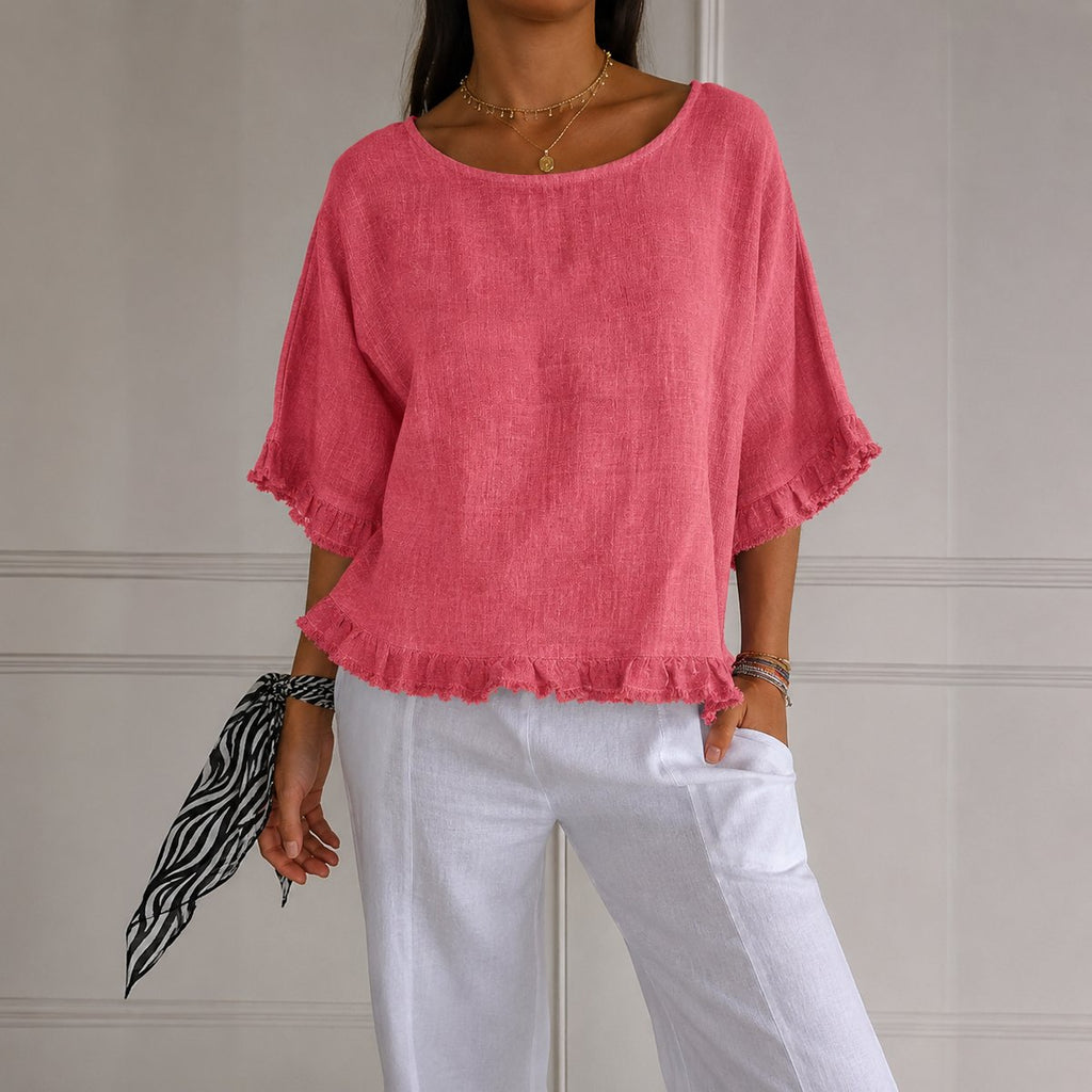 Women's Relaxed-Fit Ruffle-Hem Half-Sleeve Linen Blouse - Pink