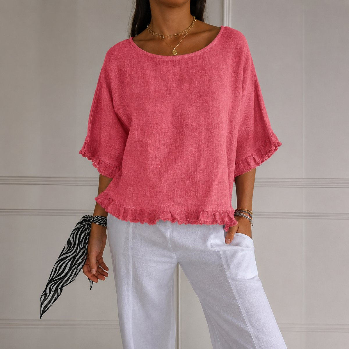 Women's Relaxed-Fit Ruffle-Hem Half-Sleeve Linen Blouse - Pink