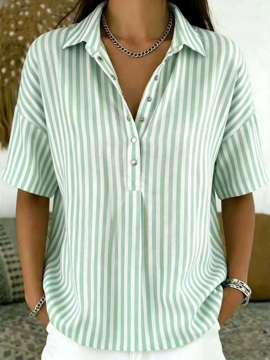 Women's Relaxed-Fit Striped Half-Button Collared Blouse - Light Green