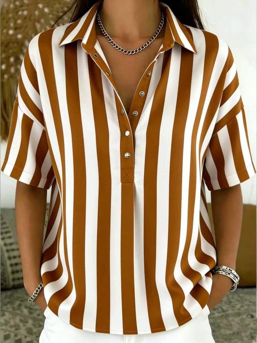 Women's Relaxed-Fit Striped Half-Button Collared Blouse - Brown