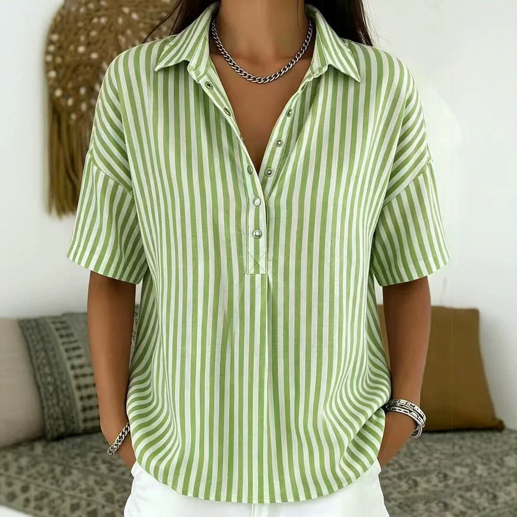 Women's Relaxed-Fit Striped Half-Button Collared Blouse - Dark Green