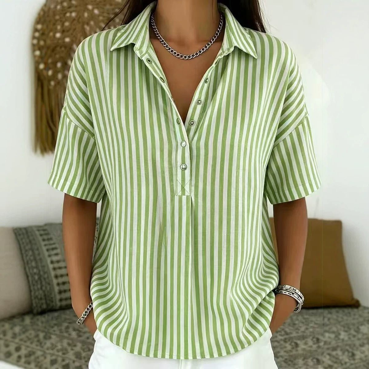 Women's Relaxed-Fit Striped Half-Button Collared Blouse - Dark Green