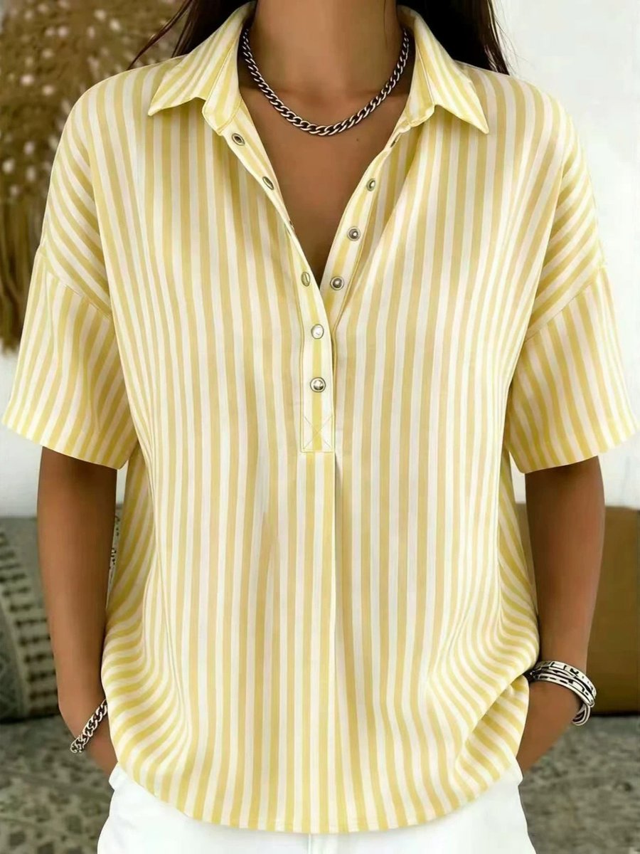 Women's Relaxed-Fit Striped Half-Button Collared Blouse - Yellow