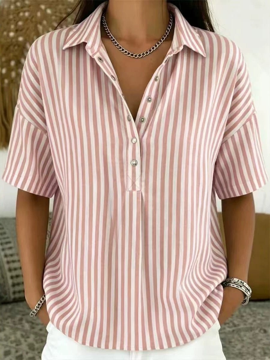 Women's Relaxed-Fit Striped Half-Button Collared Blouse - Pink