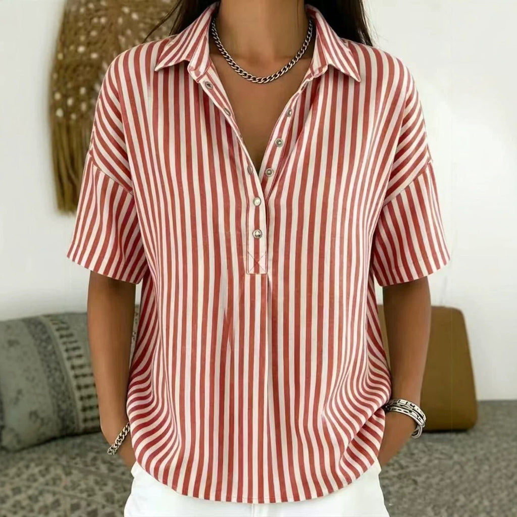 Women's Relaxed-Fit Striped Half-Button Collared Blouse - Red