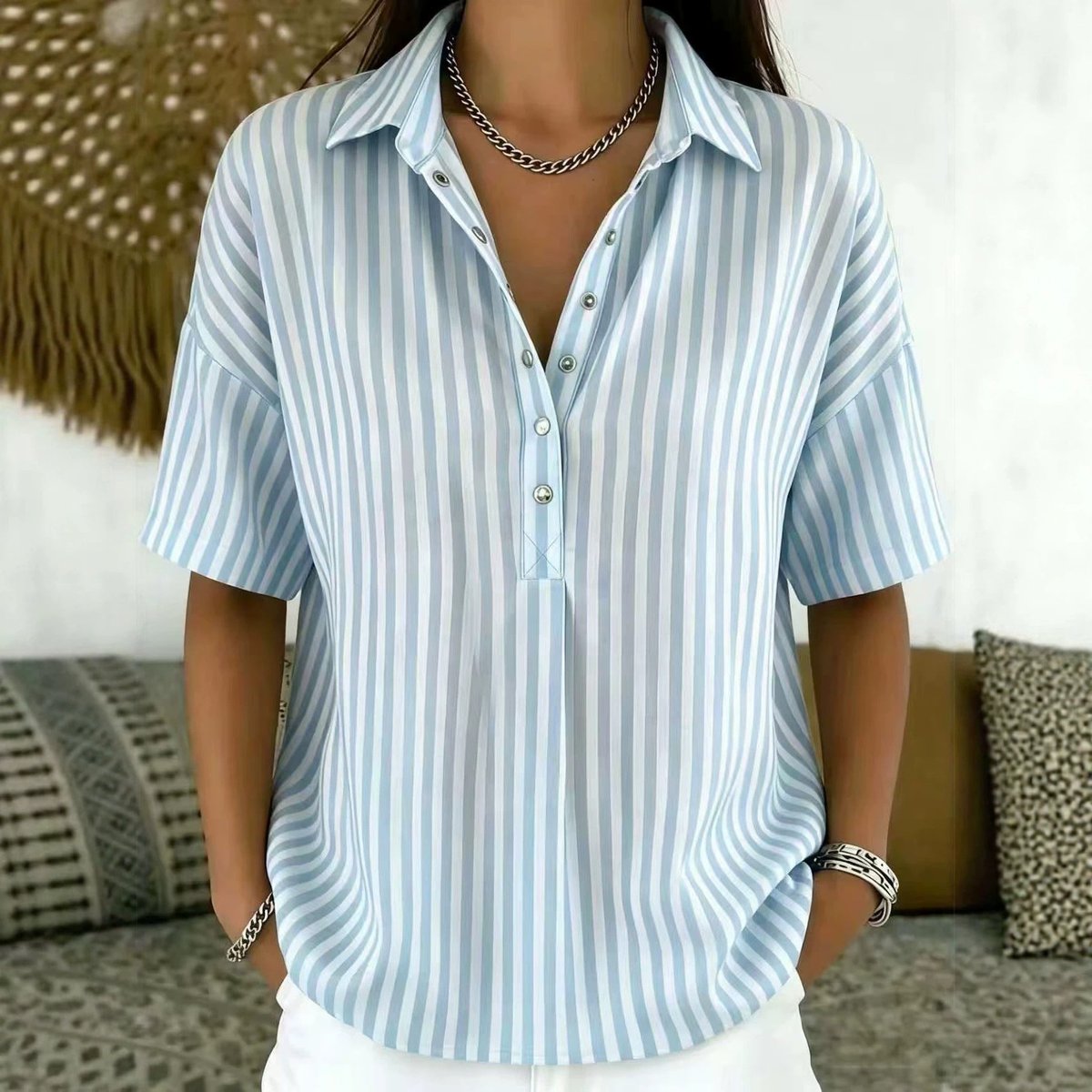 Women's Relaxed-Fit Striped Half-Button Collared Blouse - Blue