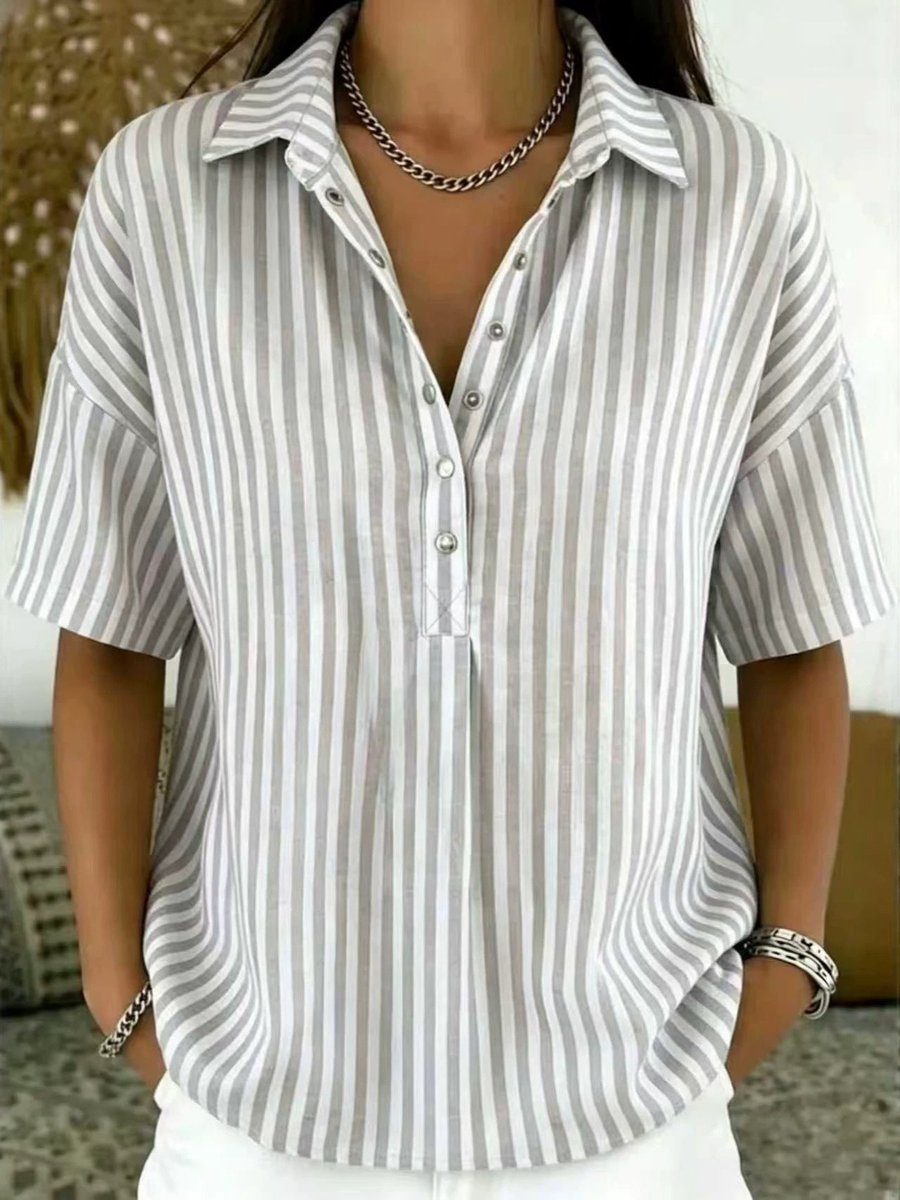 Women's Relaxed-Fit Striped Half-Button Collared Blouse - Gray