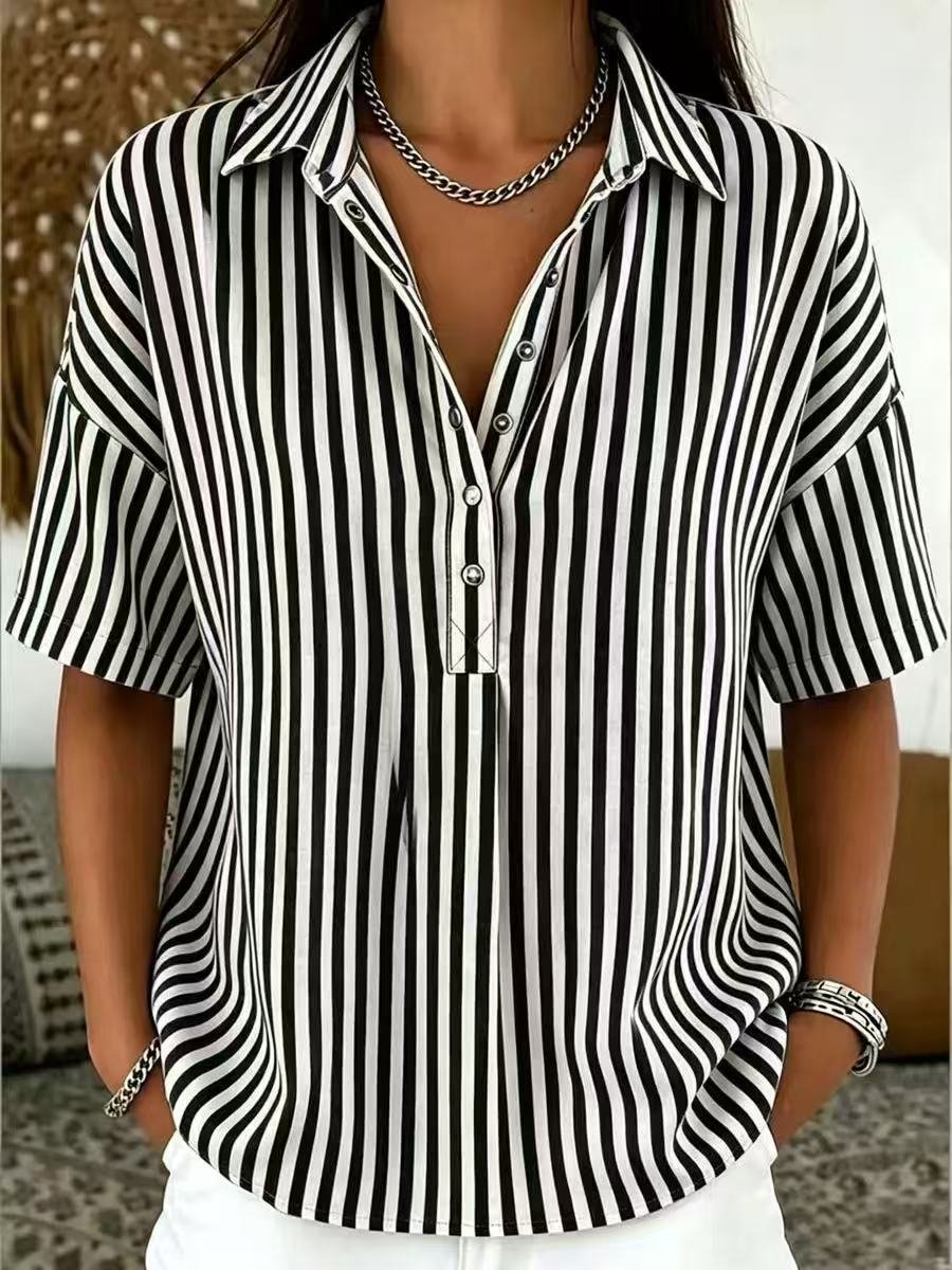 Women's Relaxed-Fit Striped Half-Button Collared Blouse - Black