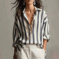 Women's Relaxed-Fit Striped Linen-Style Long Sleeve Blouse - Black